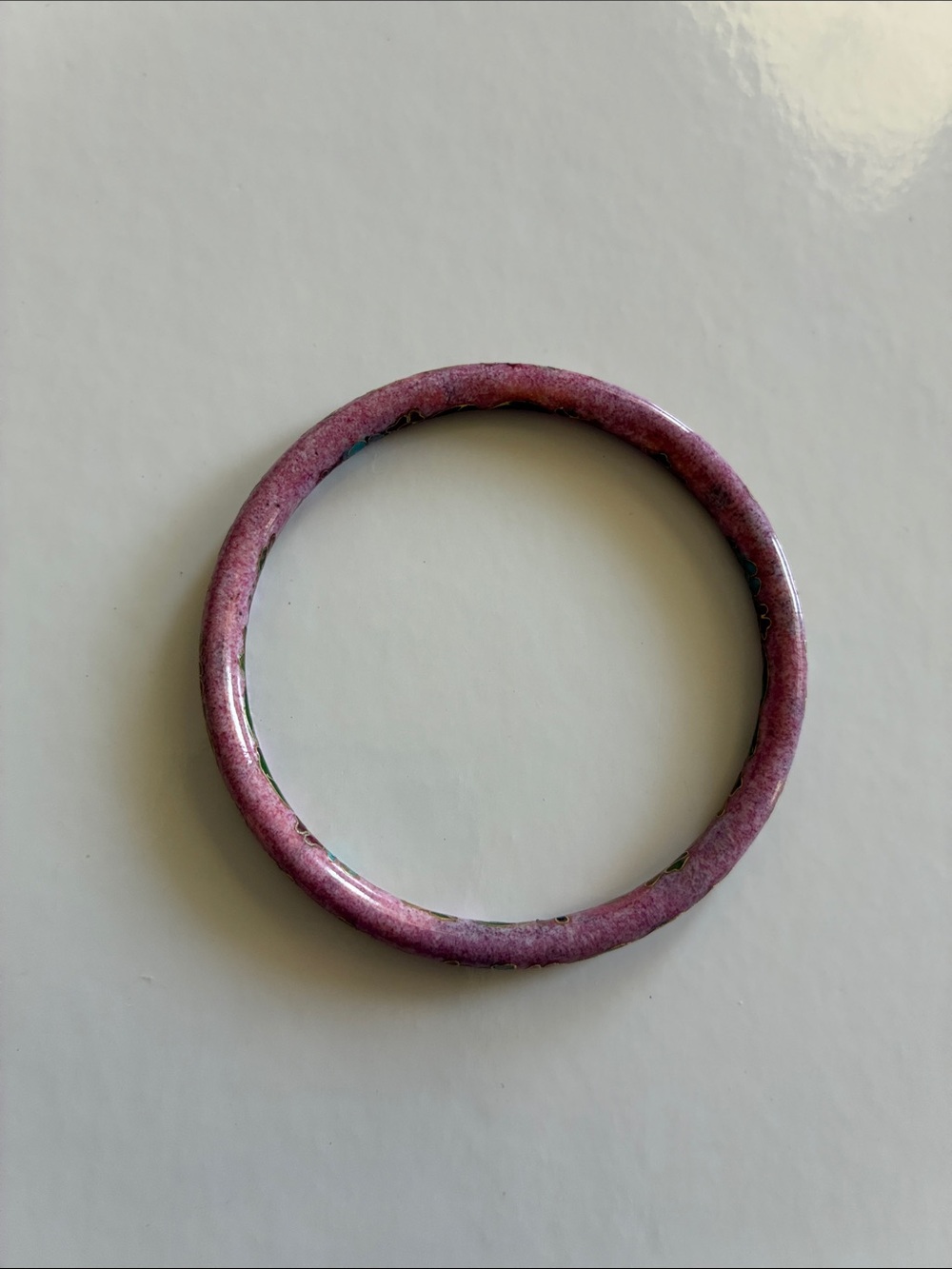 Pink, Green & Gold Enamel Floral Round Bangle Bracelet 2.5 Inch Diameter